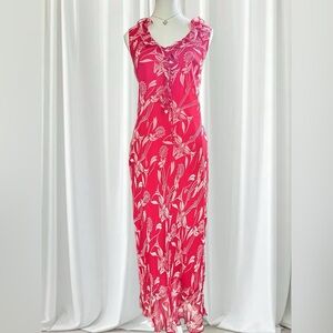 Vintage Vision Apparel Red Floral Silk Midi Dress | Size 14